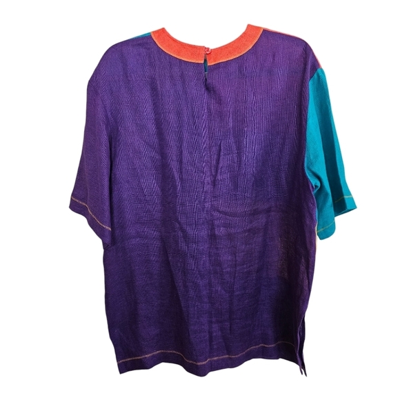 100% Linen Lagenlook Colorblock Vintage Blouse Top Colorful Artisy Oversized - Picture 3 of 5